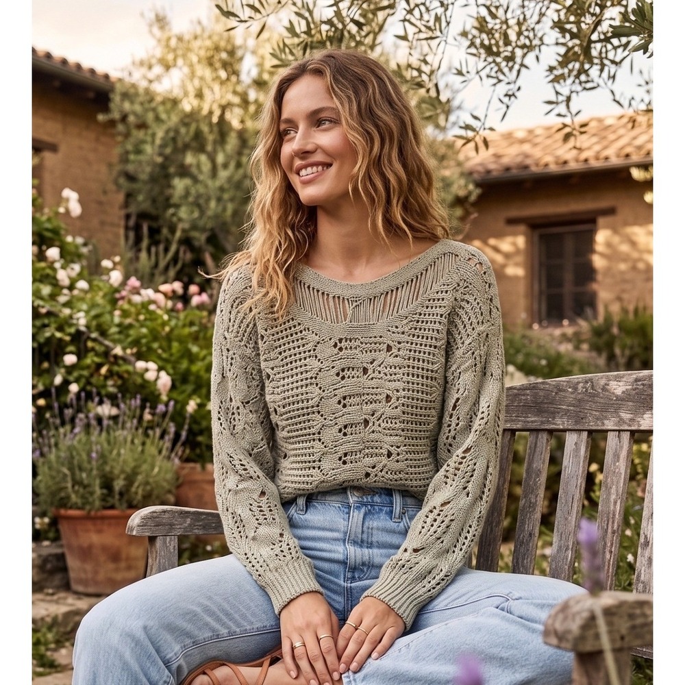 Zara Women Sage Green Open Knit Crochet Fringed Neckline Sweater Small